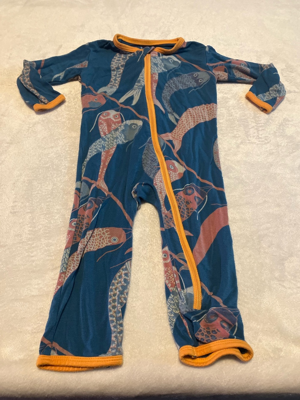 Kickee Pants Bamboo Blue Koi Print Footie with Orange Trim
